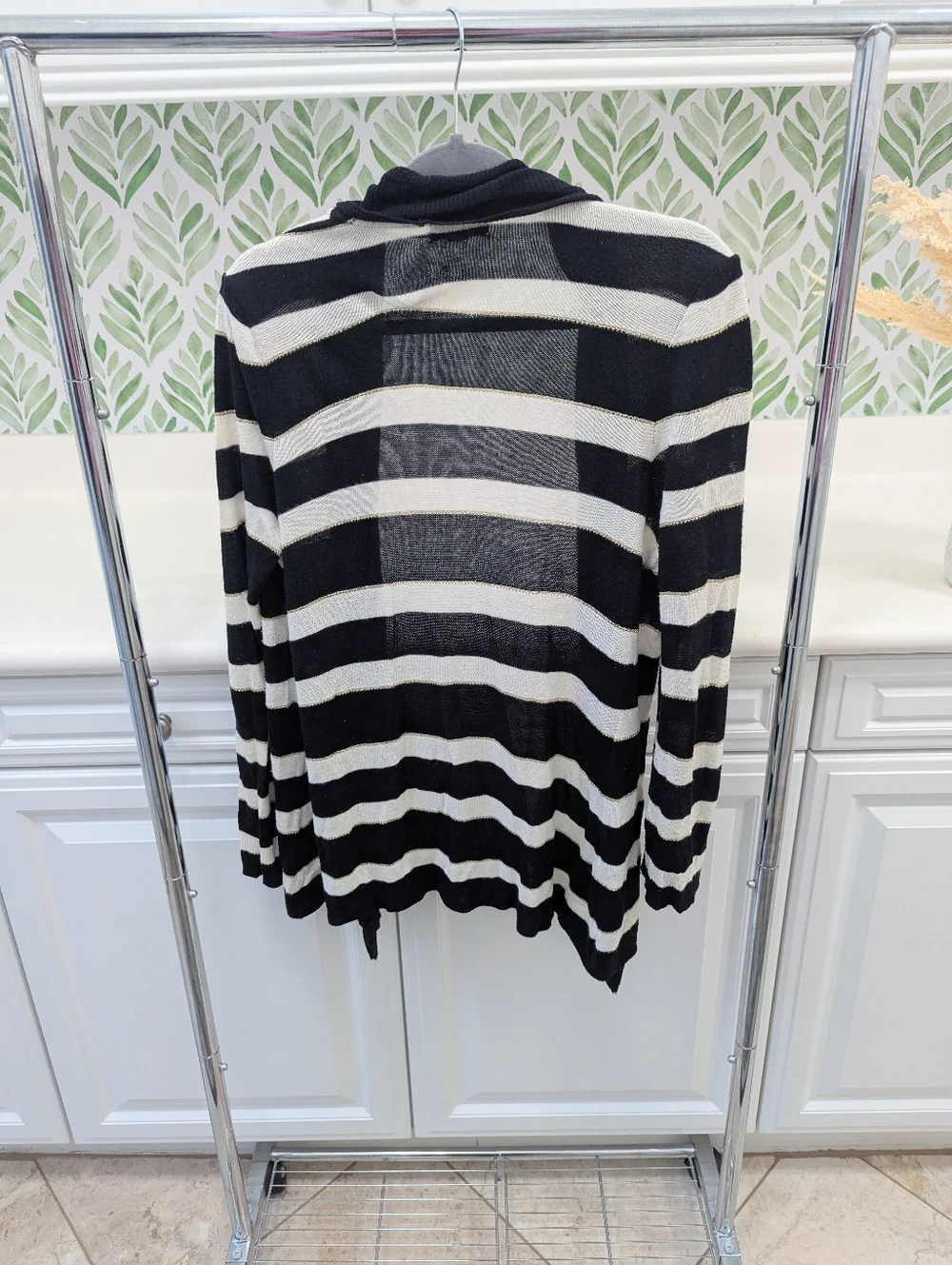 Striped Open-Front Cardigan Black and Cream Charter Club Large Metallic Stripes
